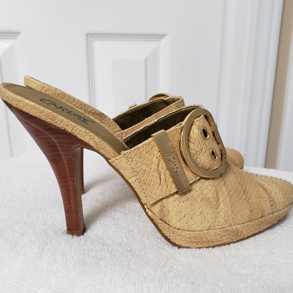 Carlos by Carlos Santana Brazil Snake Print Textured Gold Leather Heels size 9